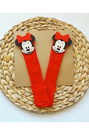 Asa Bebek Çocuk Baby Girl Red Felt Decorated Thin Ribbed Knee Socks