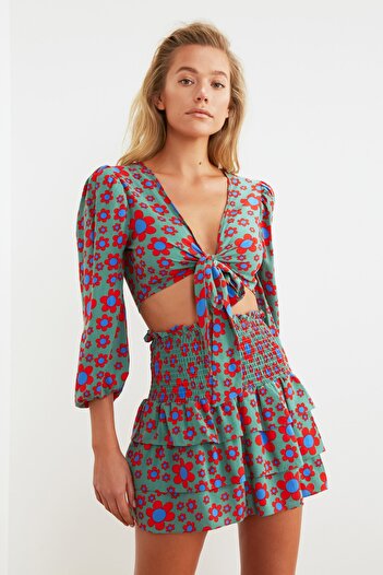 Trendyol Collection Green Floral Gipeli Flounced Beach Bottom Top Set TBESS20AU0033
