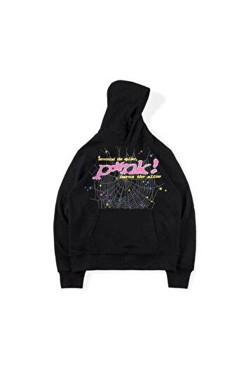 Benisengiydir Uniszex fekete Spider Pink World Wild nyomott nagyméretű kapucnis pulóver