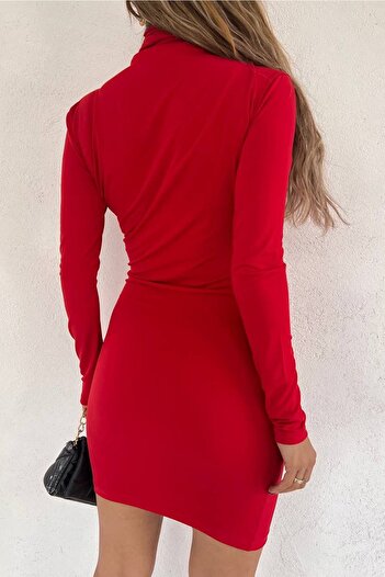 Ortaya Çık Red High Collar Drape Detail Mini Dress