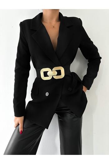 laughs Women's Striped Black Gold Square Buckle Elastic Dress Jacket Coat Belt Kmr0091