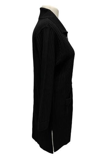 MERSA Black Turn-Down Collar Double Pocket Buttoned Long Steel Knitted Mother Cardigan