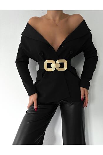 laughs Women's Striped Black Gold Square Buckle Elastic Dress Jacket Coat Belt Kmr0091