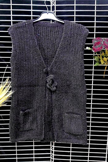 Çt Çeyizci Tekstil Soft Knitted Women's Vest with Pockets, Knitwear Soft Vest - Black