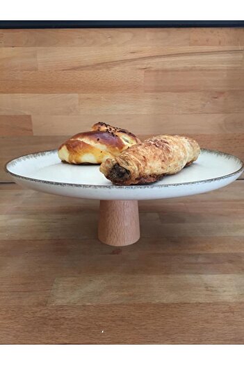 İkram Dünyası Pearl Colored 25 cm Serving Plate with Wooden Legs 6 cm Height