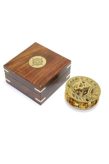 keyfimshop Ρολόι ήλιου και πυξίδα από ορείχαλκο με ξύλινο κουτί
