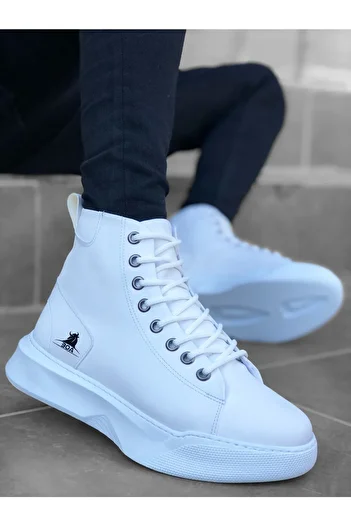 BOUIS Men's Daily White Classic Boots Lace-up High-top Faux Leather Water-Resistant Comfortable Winter Shoes