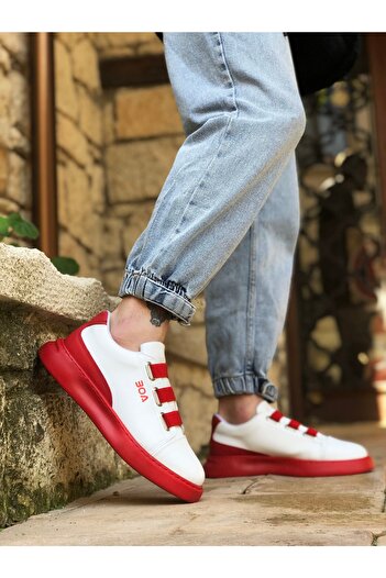 BOUIS Men's White Red Casual Three-Stripe Comfortable Sneakers Thick Comfortable Sole Stylish Walking Shoes