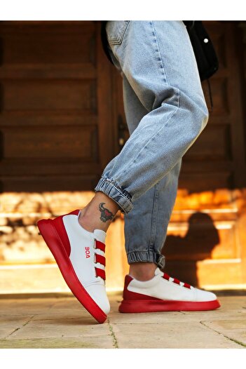 BOUIS Men's White Red Casual Three-Stripe Comfortable Sneakers Thick Comfortable Sole Stylish Walking Shoes