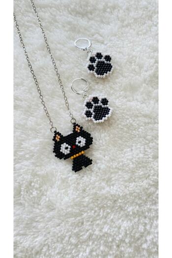 elamindunyasi Miyuki Knitted Cat Figure Necklace and Paw Earring Set