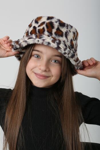 FELLMENS Soft Textured Ecru Leopard Patterned Plush Bucket Kids Hat
