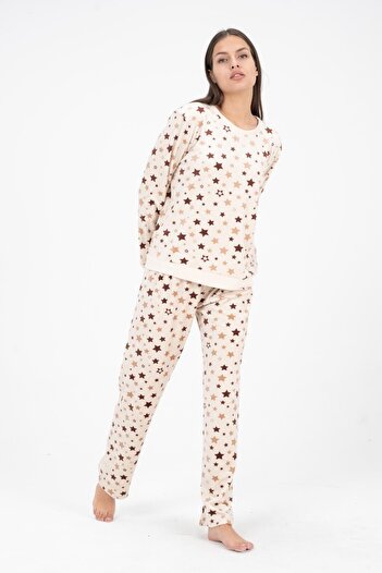 DOFİ Kadın Krem Yıldız Desenli Süper Soft Kışlık Pijama Takımı