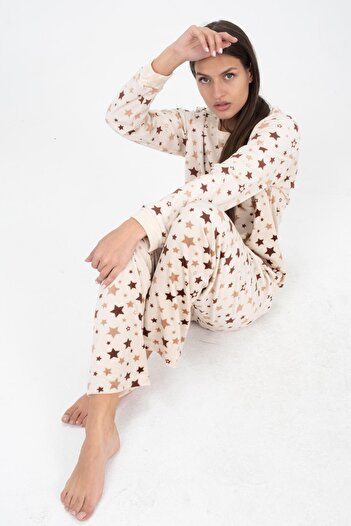 DOFİ Kadın Krem Yıldız Desenli Süper Soft Kışlık Pijama Takımı