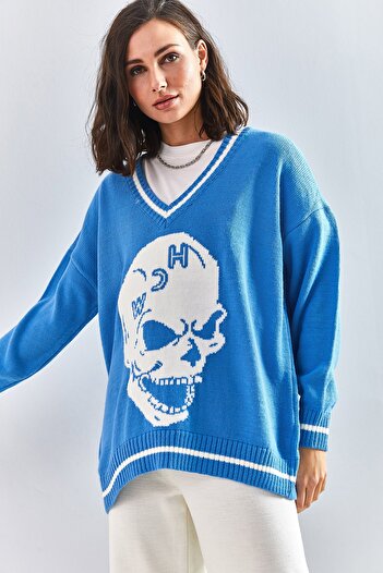 Bianco Lucci Cardigan cu tije cu decolteu în V cu model de craniu pentru femei