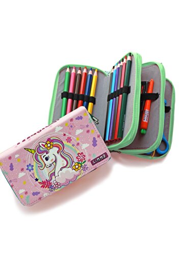 Limmy Kalem Kutusu Unicorn Bahar Temalı Kawai Organizer Kalemkutu Vegan Deri Üç Bölmeli Kalemlik