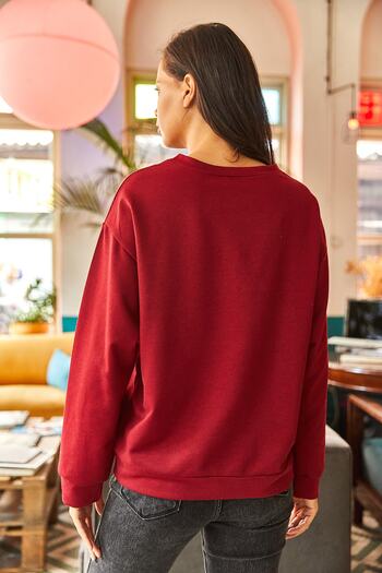 Olalook Hanorac casual pentru femei, roșu claret simplu, cu textura moale SWT-19000457