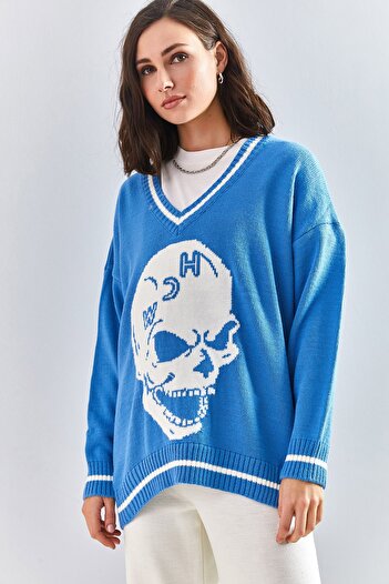 Bianco Lucci Cardigan cu tije cu decolteu în V cu model de craniu pentru femei