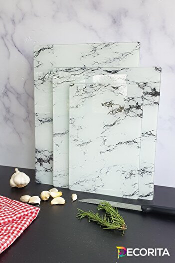Decorita Set of 3 White Marble Look| Glass Cutting Board - Glass Cutting Table