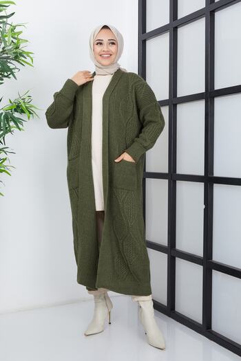 Pamuk Butik Women's Khaki Knit Patterned Pocket Knitwear Cardigan