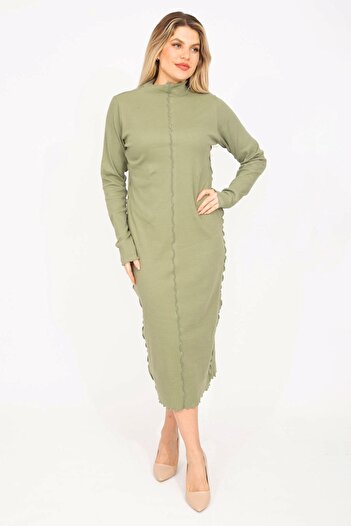 Şans Women's Large Size Green Reverse Stitching Detailed Crew Neck Self-Striped Lycra Dress 65n35321