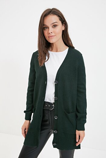 Trendyol Modest Dark Green V-Neck Buttoned Pocket Detailed Long Knitwear Cardigan TCTAW22TH0005