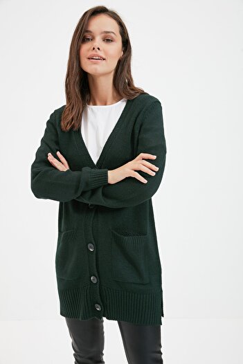 Trendyol Modest Dark Green V-Neck Buttoned Pocket Detailed Long Knitwear Cardigan TCTAW22TH0005