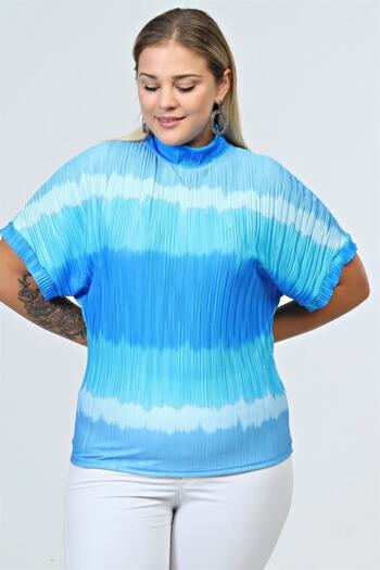 Seamoda Plus Size Women's Comfortable Stand Collar Pleat Detailed Blouse-blue