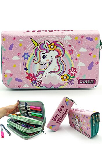 Limmy Kalem Kutusu Unicorn Bahar Temalı Kawai Organizer Kalemkutu Vegan Deri Üç Bölmeli Kalemlik