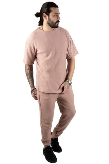 DeepSEA Ανδρικό ύφασμα Dusty Rose Waffle New Season Crew Neck Σετ φόρμας 2 τεμαχίων 2303143
