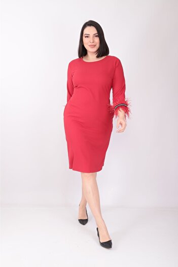 etselements X Modapo Women's Solid Color Crew Neck Sleeve Feather Midi Plus Size Dress
