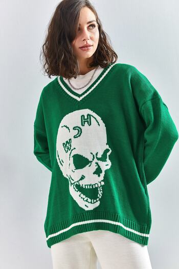 Bianco Lucci Women's Skull Patterned V-Neck Piping Cardigan