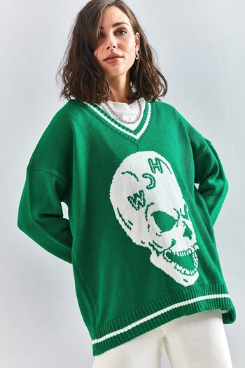 Bianco Lucci Women's Skull Patterned V-Neck Piping Cardigan