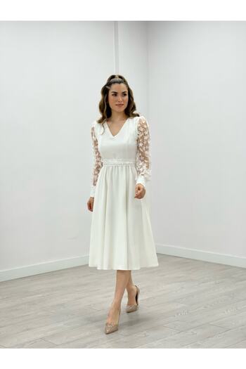 giyimmasalı Διπλό Υφασμάτινο Μανίκι 3D Floral Φόρεμα - Λευκό