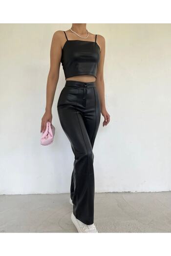 ZF BUTİK Çımalı Palazzo Leather Trousers