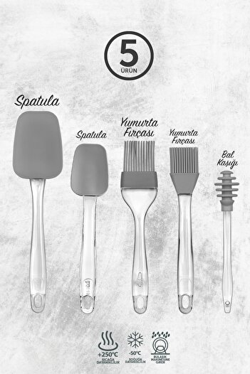 Hane Set of 5 Silicone Brushes and Spatulas with Honey Spoon, Gray Color