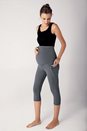 Artış Ribbed Adjustable High Waist Stretchy Recovery Double Pocket Capri Maternity Leggings F02