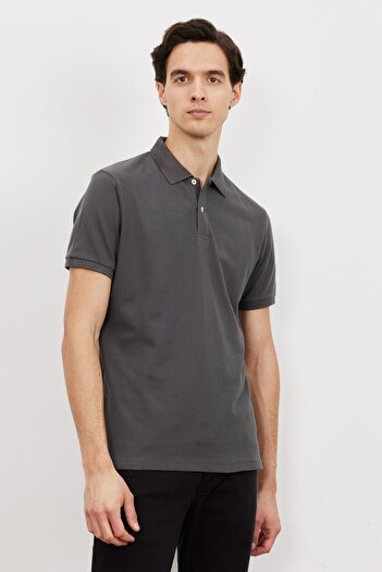 ALTINYILDIZ CLASSICS Men's Anthracite Slim Fit Slim Fit 100% Cotton Polo Collar Short Sleeve T-Shirt