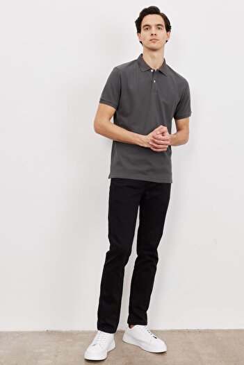 ALTINYILDIZ CLASSICS Men's Anthracite Slim Fit Slim Fit 100% Cotton Polo Collar Short Sleeve T-Shirt