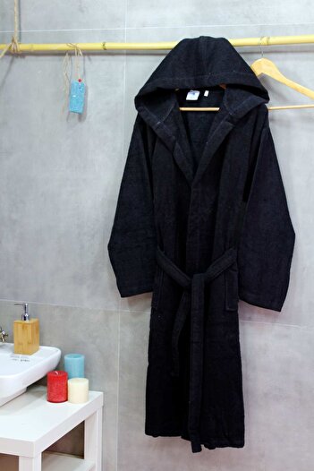 Çeştepe Aday Hooded Bathrobe 100% Cotton Black