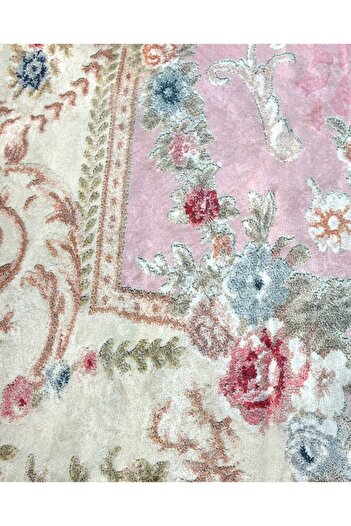 Nur Home Pembe Krem Çiçekli 4m2, 5m2, 6m2 Dijital Baskı Mutfak, Salon Süngerli Kadife Lastikli Halı Örtüsü