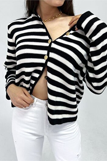 Lafaba Women's Black Striped Crew Neck Padded Gold Button Detailed Knitwear Cardigan