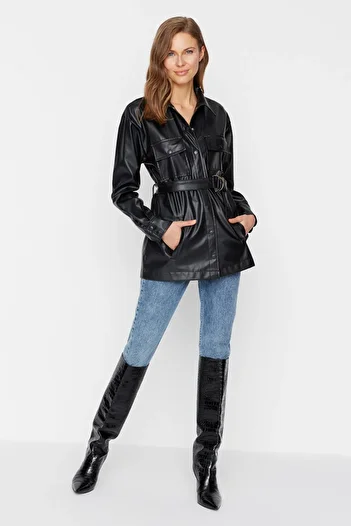 Trendyol Collection Black Leather Belted Jacket Coat (Twoaw21Mo0110)
