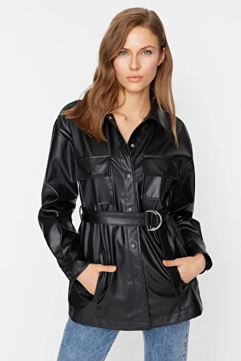Trendyol Collection Black Leather Belted Jacket Coat (Twoaw21Mo0110)