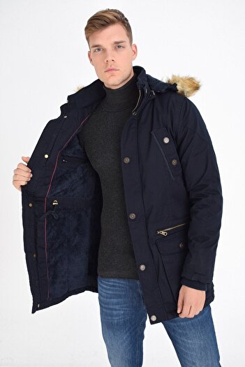 DYNAMO Men's Navy Blue Hooded Faux Fur Lined Waterproof Thick Coat