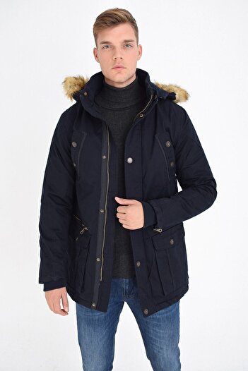 DYNAMO Men's Navy Blue Hooded Faux Fur Lined Waterproof Thick Coat