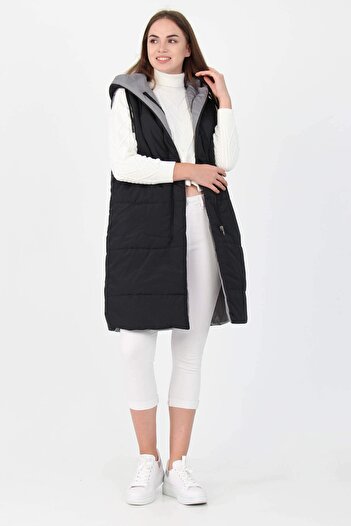 Neşeli Butik Women's Gray Hooded Quilted Double Sided Vest