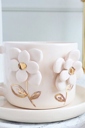 ada mia seramik Handmade Ceramic Mug with Flower Figure and 24k Gold Decoration 170ml