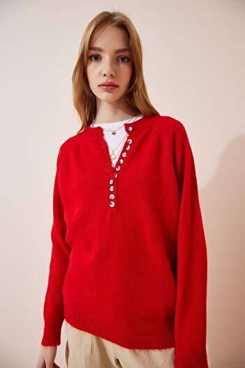 Happiness İstanbul Woman's Live Red Buttoned Lapel Knit Sweater LX00040