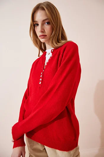 Happiness İstanbul Woman's Live Red Buttoned Lapel Knit Sweater LX00040