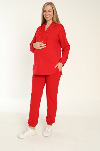 Miss Dünya Lissa Red Maternity Hooded Tracksuit Set